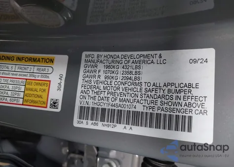 2025 Honda Accord Se from USA, damaged, VIN 1HGCY1F44SA001074